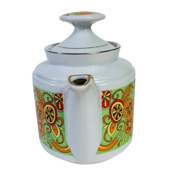 Retro 70s MCM Tea Pot Orange Flower Child Mod Groovy Motif Daisy Kitchen Decor - Picture 6 of 13